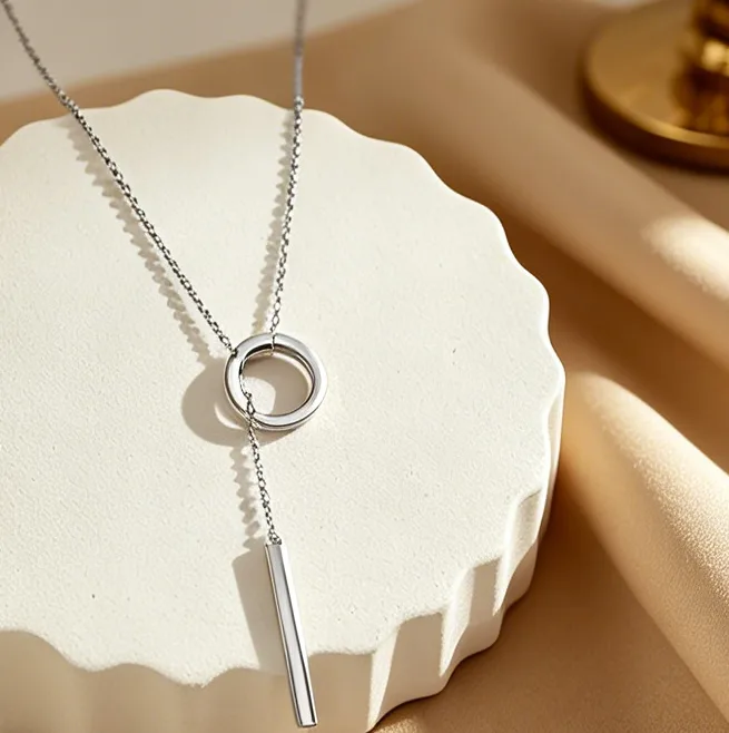 Circle Bar Lariat Y Stainless Steel Necklaces for Women Geometric Drop Dainty Minimalist Layered Aesthetic Anti Tarnish Necklace view 3