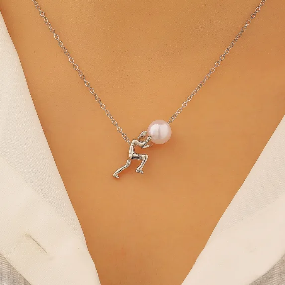 Abstract Tiny Human Lifting Freshwater Pearl Pendant Thin Chain Necklaces Gold Silver Tone Minimal Artistic Dainty Trendy Women Designer Jewelry view 3