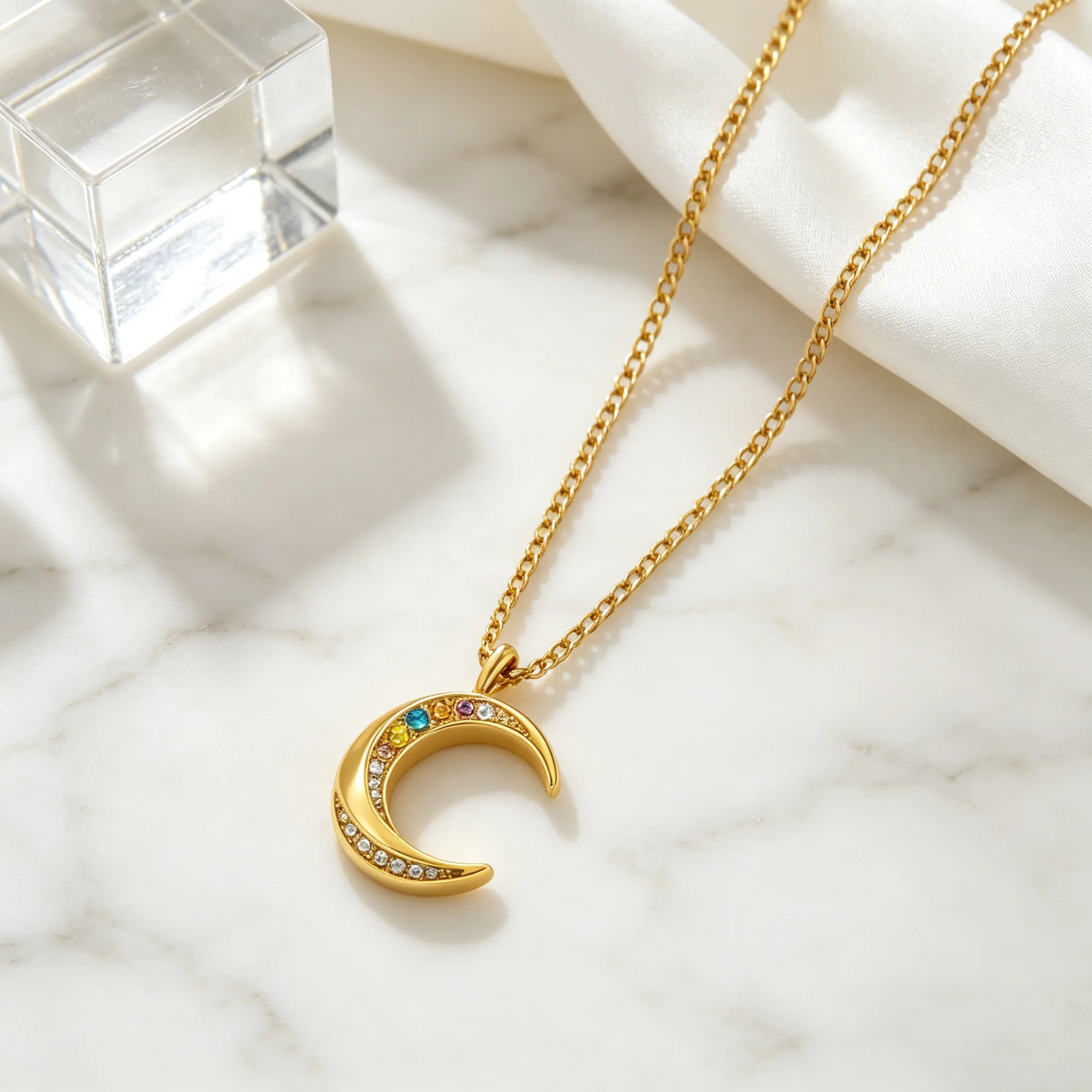 Hypoallergenic Waterproof Anti-Tarnish Titanium Steel 18K Gold Plated Colorful Crystal Crescent Moon Pendant Thin Chain Daily Ins Women Clavicle Necklaces