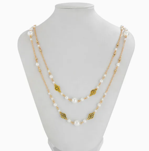 Double Layer Imitation Pearl Hollow Floral Bead Long Sweater Chain Necklaces Vintage Ethnic Stackable Decor Necklaces for Women