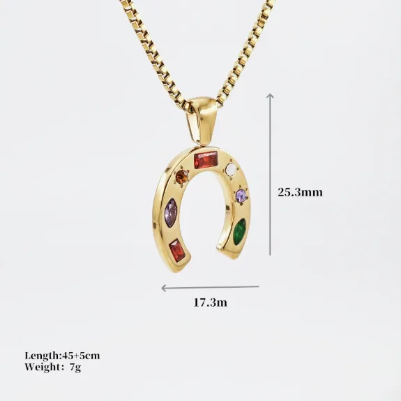 Horseshoe Lucky Pendant Necklace Stainless Steel Colorful Cubic Zirconia Box Chain Necklaces for Women Vintage Amulet Jewelry view 3