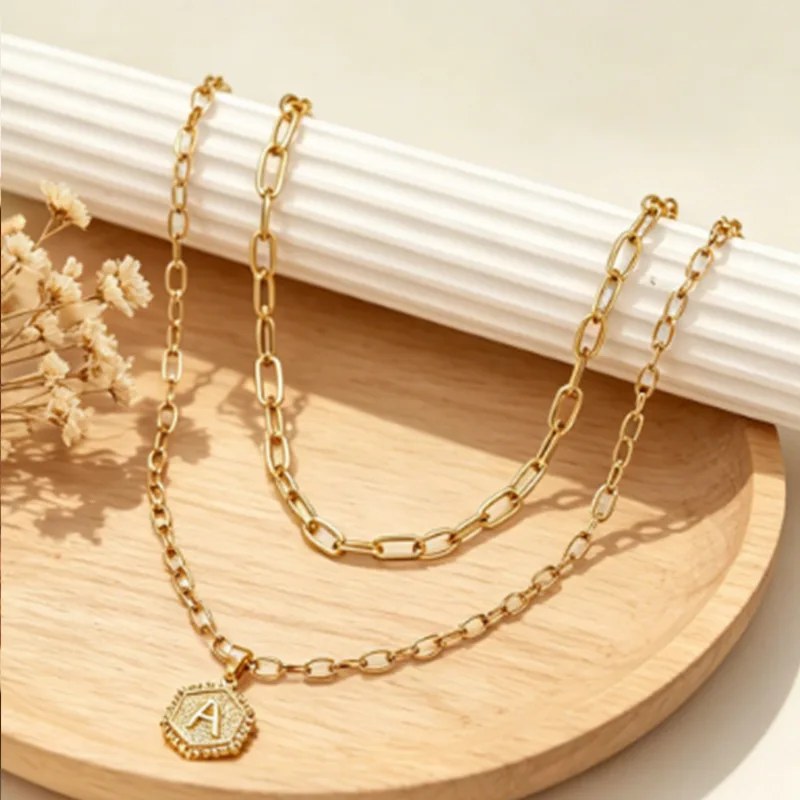 Hexagon Initial Letter Layered Necklace Stainless Steel A-Z Necklaces for Women Paperclip Personalized Dainty Statement Jewelry view 3