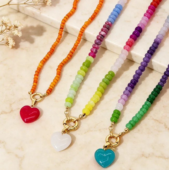 Colorful Gemstone Beaded Heart Pendant Necklace Rainbow Candy Color Beads Necklaces for Women Boho Summer Beach Vacation Trendy