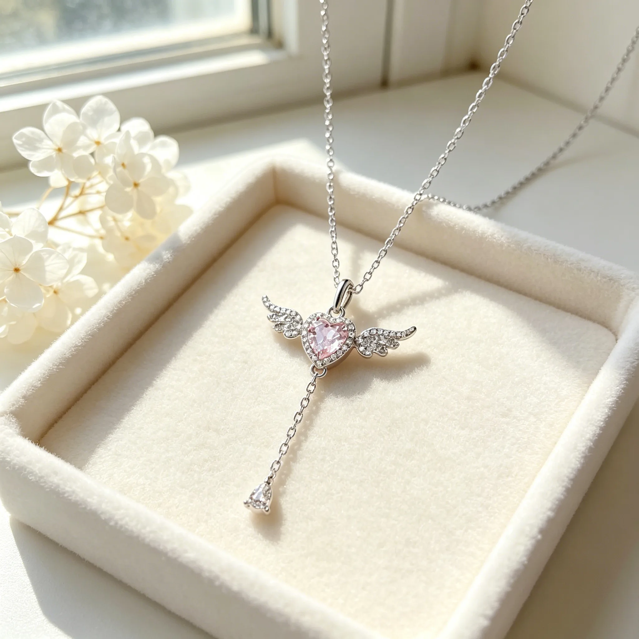 Sparkly Pink Zircon Winged Heart Tassel Pendant Thin Chain Necklaces Silver Tone Romantic Cute Dainty Dating Fashion Jewelry for Women view 3