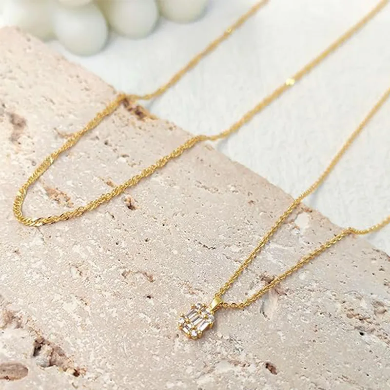 Wholesale Layered Baguette CZ Pendant Stainless Steel Necklaces for Women Zircon Dainty Twist Chain Minimalist Aesthetic Jewelry