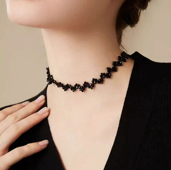 Sparkly Black Crystal Cluster Floral Choker Chic Trendy Elegant Short Neck Fashion Clavicle Necklaces Jewelry for Women view 3