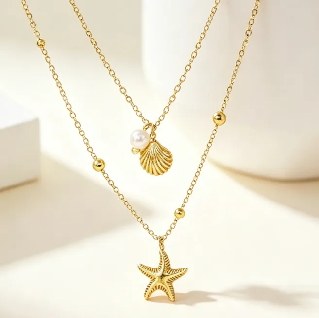 Starfish Shell Pearl Pendant Necklace Stainless Steel Layered Necklaces for Women Ocean Beach Bohemian Jewelry Dainty Boho