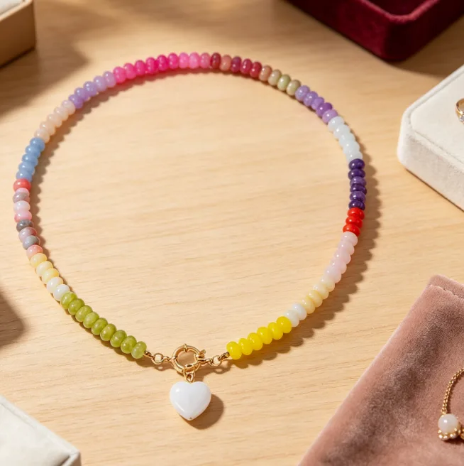 Colorful Gemstone Beaded Heart Pendant Necklace Rainbow Candy Color Beads Necklaces for Women Boho Summer Beach Vacation Trendy view 3