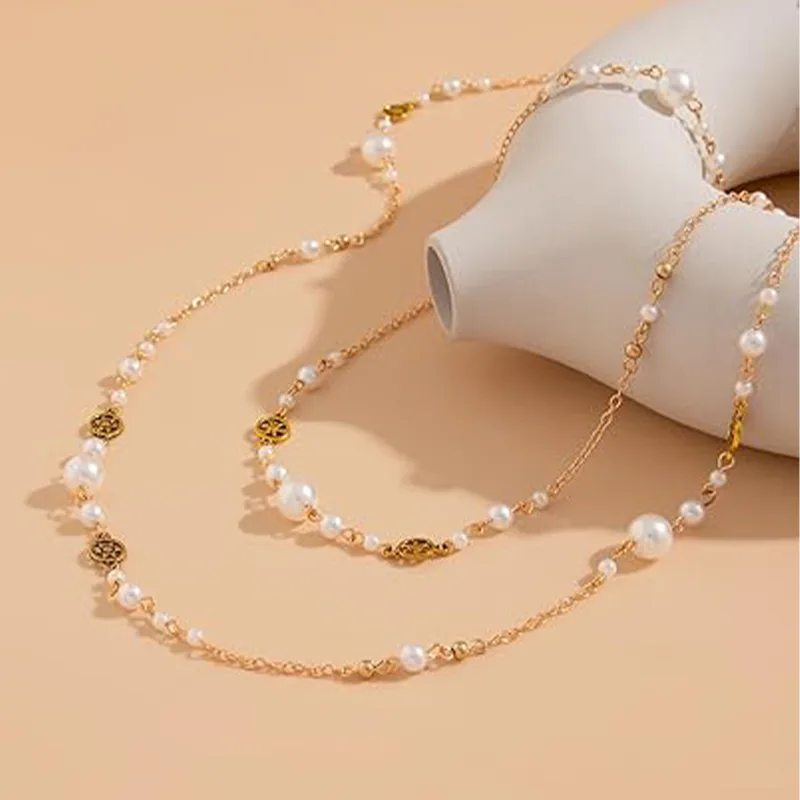 Double Layer Imitation Pearl Hollow Floral Bead Long Sweater Chain Necklaces Vintage Ethnic Stackable Decor Necklaces for Women view 2