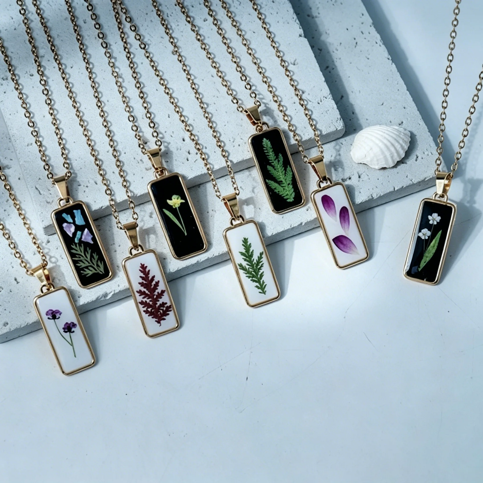 Real Dried Flower Plant Specimen Resin Rectangular Pendant Thin Link Chain Necklaces Gold Tone Vintage Artistic Dainty Nature Inspired Women Designer Jewelry view 3