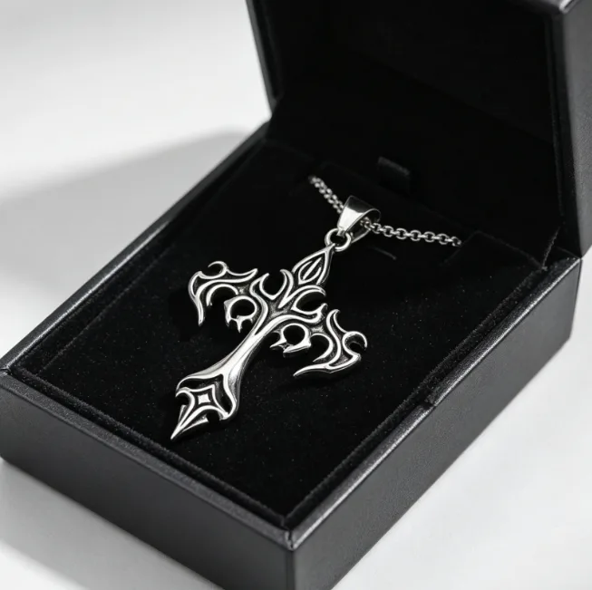 Wholesale Flame Gothic Cross Pendant Necklace Stainless Steel Box Chain Vintage Men Jewelry Hip Hop Punk Jewelry for Gift view 3