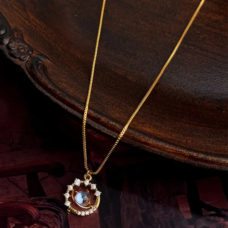 Blue Purple Aurora Zircon Galaxy Planet Star Pendant Thin Box Chain Gold Tone Retro Luxury Dainty Women Fashion Clavicle Necklaces view 3