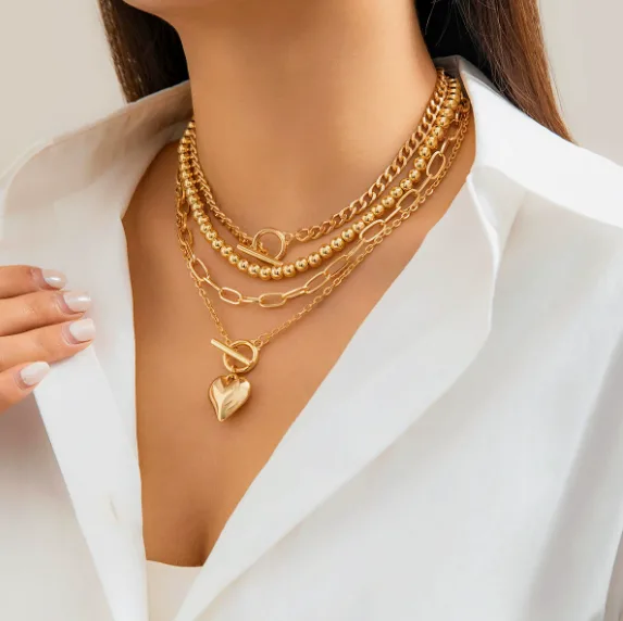 Multi Layer Ball Bead Paperclip Chain OT Toggle Solid Heart Pendant Gold Tone Hip Hop Stackable Women Statement Necklaces view 3