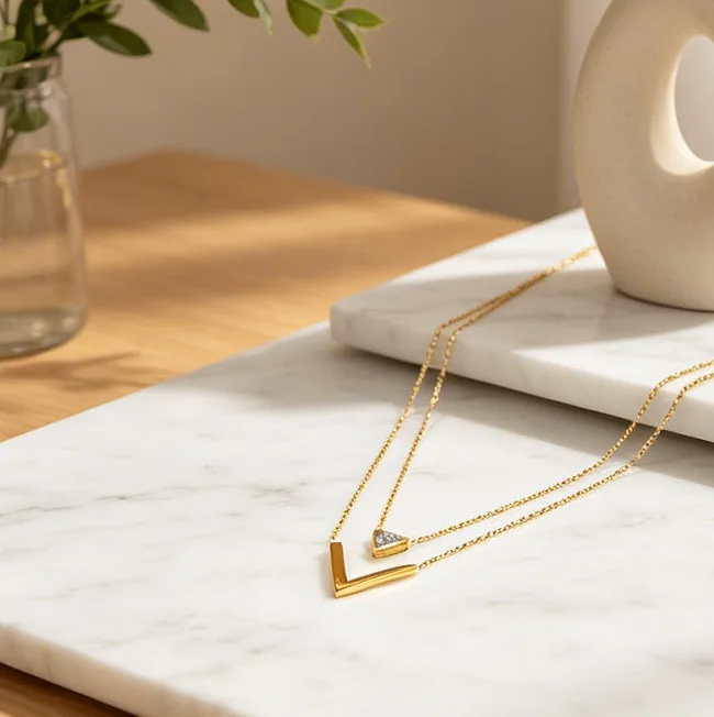 Double Layer V Triangle CZ Necklace Stainless Steel Necklaces for Women Dainty Geometric Elegant Sweet Daily Layered Jewelry view 3
