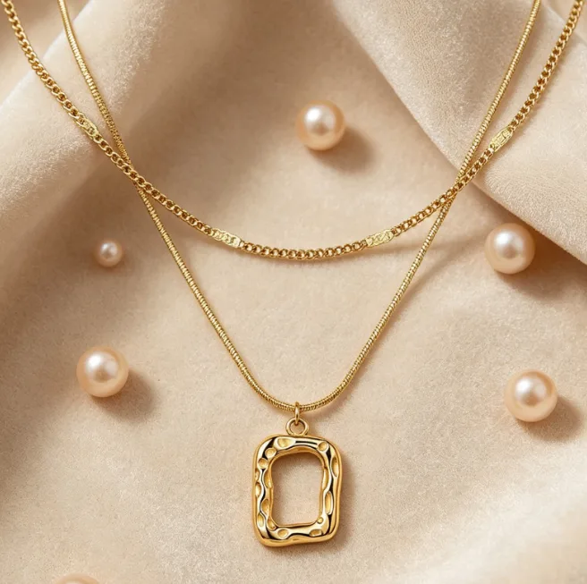 Wholesale Layered Square Pendant Stainless Steel Snake Chain Necklaces for Women Geometric Dainty Minimalist Boho Aesthetic view 2
