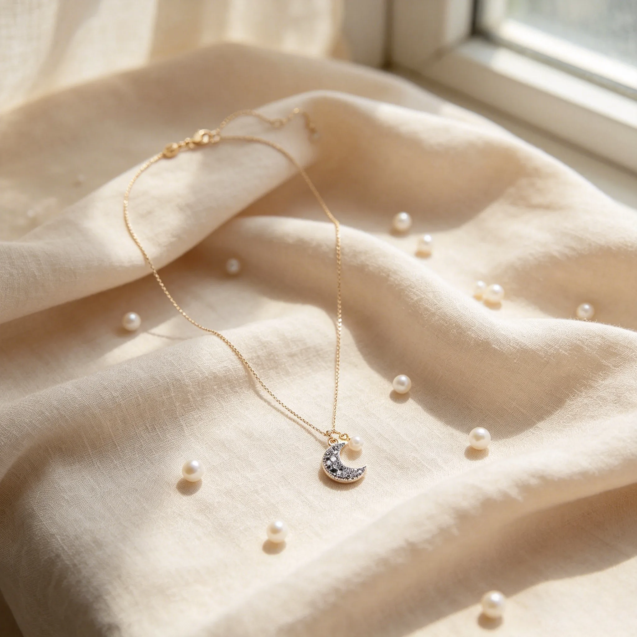 Sparkly Blue Color Rhinestone Crescent Moon Pendant Necklaces Matching Tiny Pearl Accent Dainty Adjustable Elegant Daily Jewelry for Women