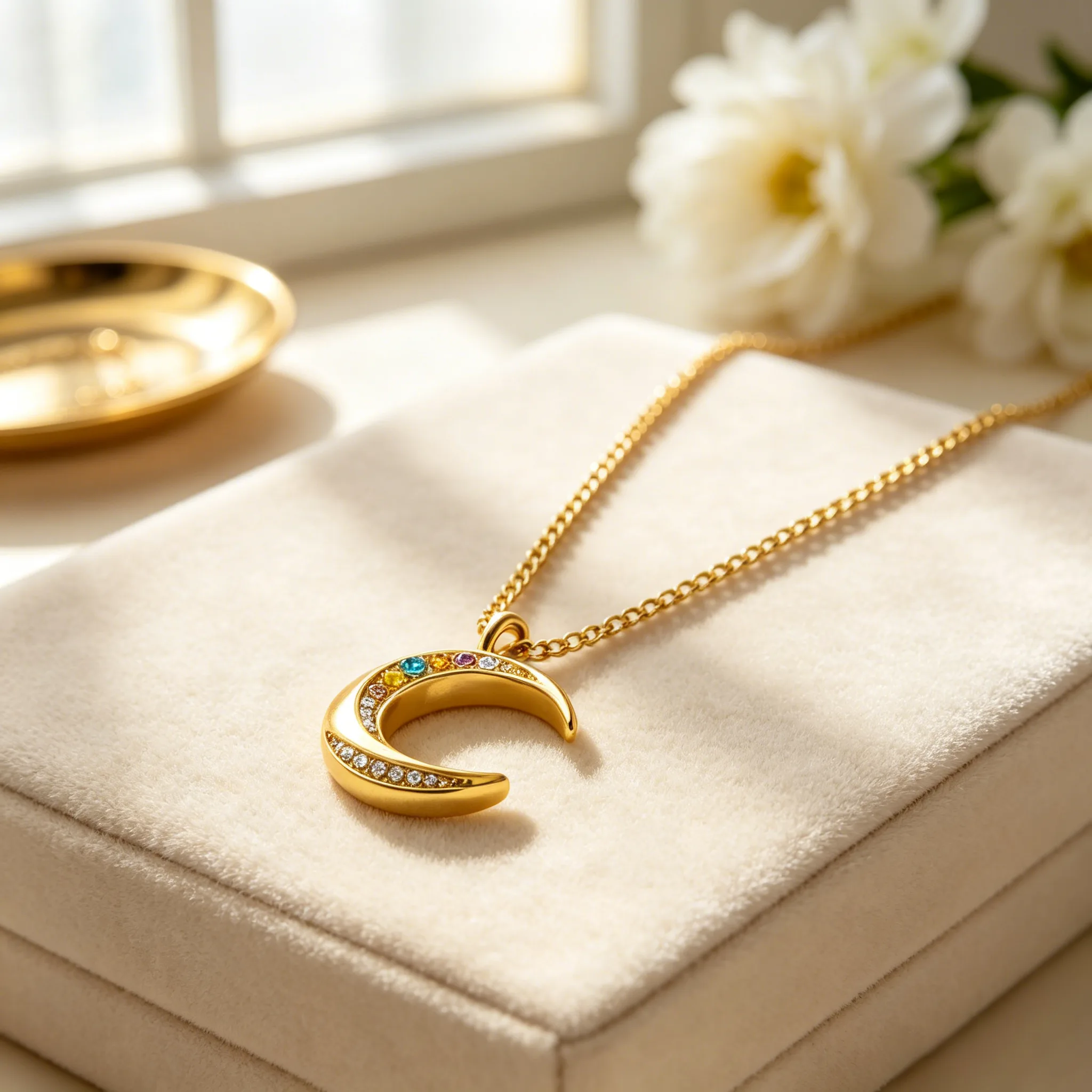 Hypoallergenic Waterproof Anti-Tarnish Titanium Steel 18K Gold Plated Colorful Crystal Crescent Moon Pendant Thin Chain Daily Ins Women Clavicle Necklaces view 2