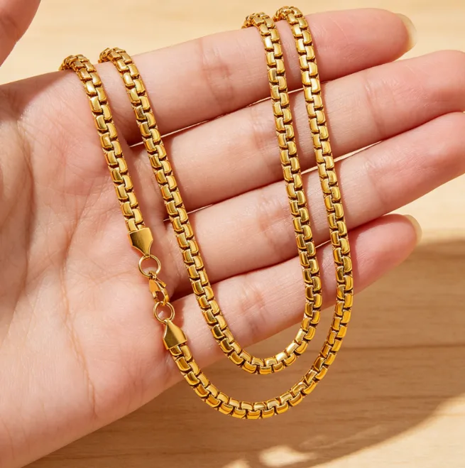 Round Box Chain Necklace Stainless Steel Men Jewelry Hip Hop Rolo Link Chain Waterproof Anti Tarnish Daily Streetwear Jewelry