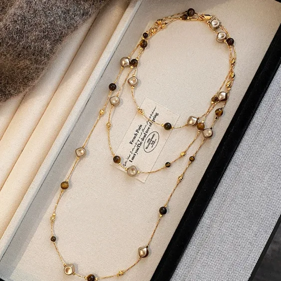 18K Gold Plated Irregular Imitation Pearl Tiger Eye Beaded Double Layer Long Sweater Chain Vintage Dainty Layering Women Elegant Necklaces view 2
