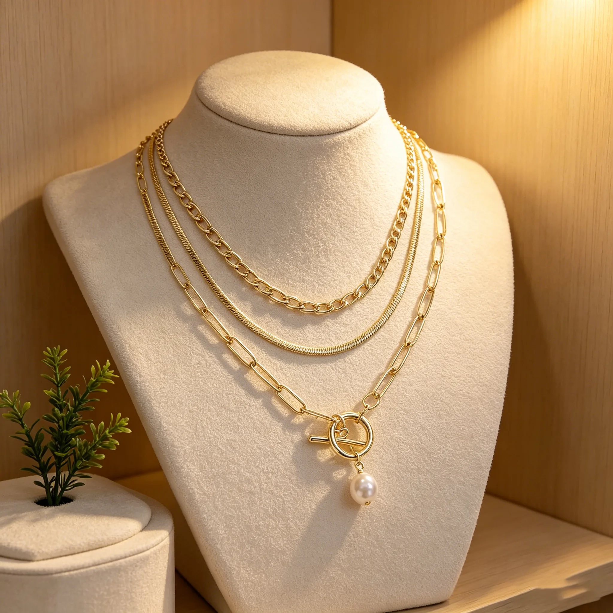 Three Layer Flat Snake Paperclip Chain OT Toggle Baroque Pearl Pendant Necklaces Elegant Stackable Women Daily jewelry view 2