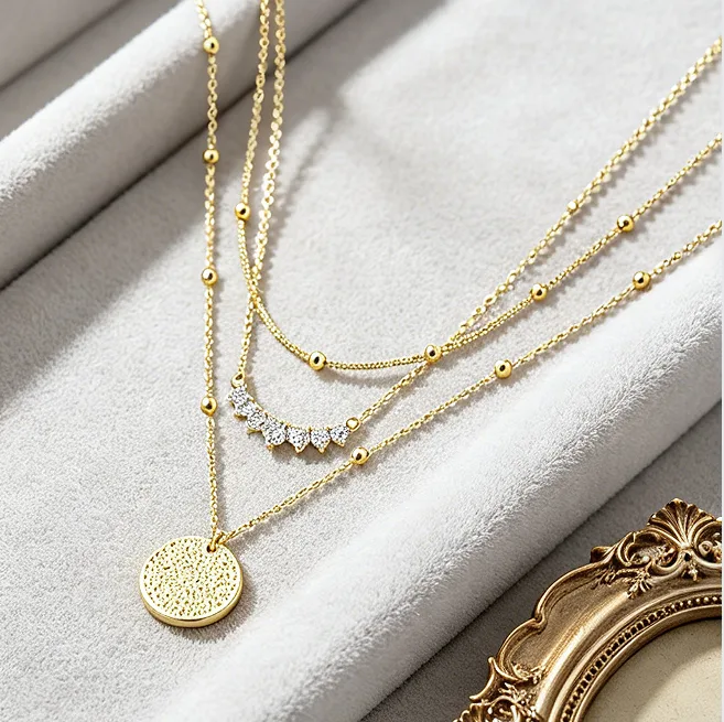 Layered Coin Pendant Beaded CZ Necklaces for Women Hammered Disc Dainty Minimalist Boho Statement Stacking Necklace view 3