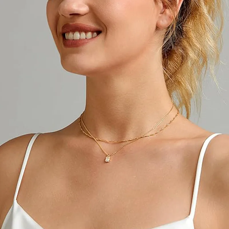 Wholesale Layered Baguette CZ Pendant Stainless Steel Necklaces for Women Zircon Dainty Twist Chain Minimalist Aesthetic Jewelry view 3