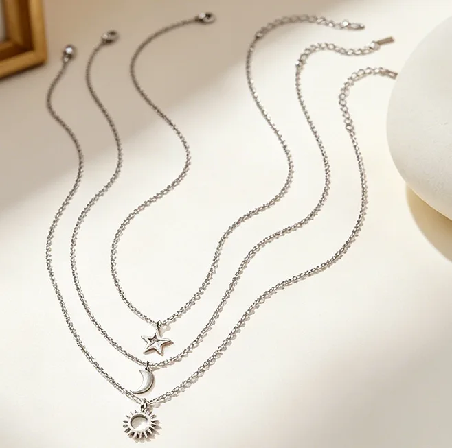 Sun Moon Star Pendant Necklace Set Stainless Steel Celestial Dainty Necklaces for Women Friendship BFF Matching Couples Gift