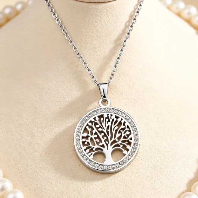 Tree of Life Pendant Necklace Stainless Steel Round Necklaces for Women Men Tree Lucky Amulet Vintage Statement Jewelry view 3