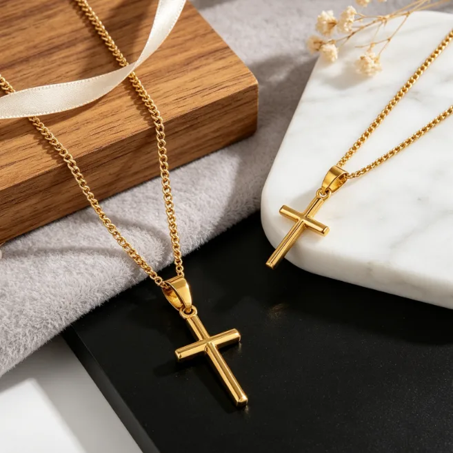 Cross Pendant Necklace 18K Gold Plated Stainless Steel Chain Mens Religious Jewelry Hip Hop Faith Christian Trendy Wholesale Jewelry