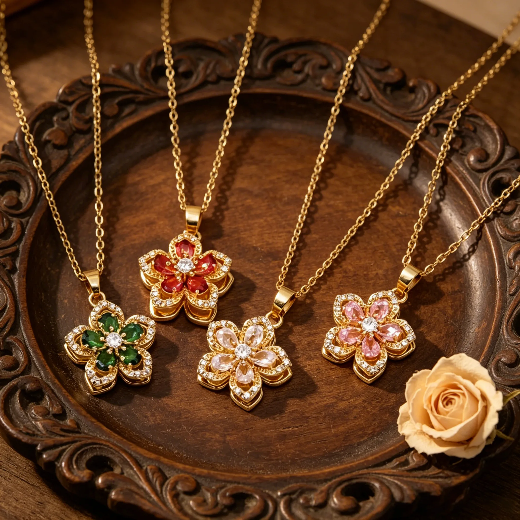 Multi Color Shiny Zircon Rotatable Five Petal Flower Pendant Fidget Necklaces Dainty Light Luxury Fashion Women Daily Gift Jewelry