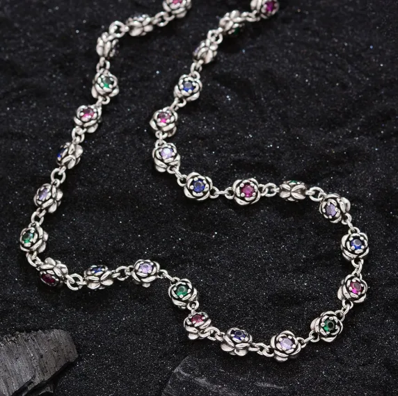 Colorful Rainbow Zircon Rose Flower Link Toggle Clasp Silver Tone Cool Minimal Chic Unique Women Statement Fashion Boho Necklaces