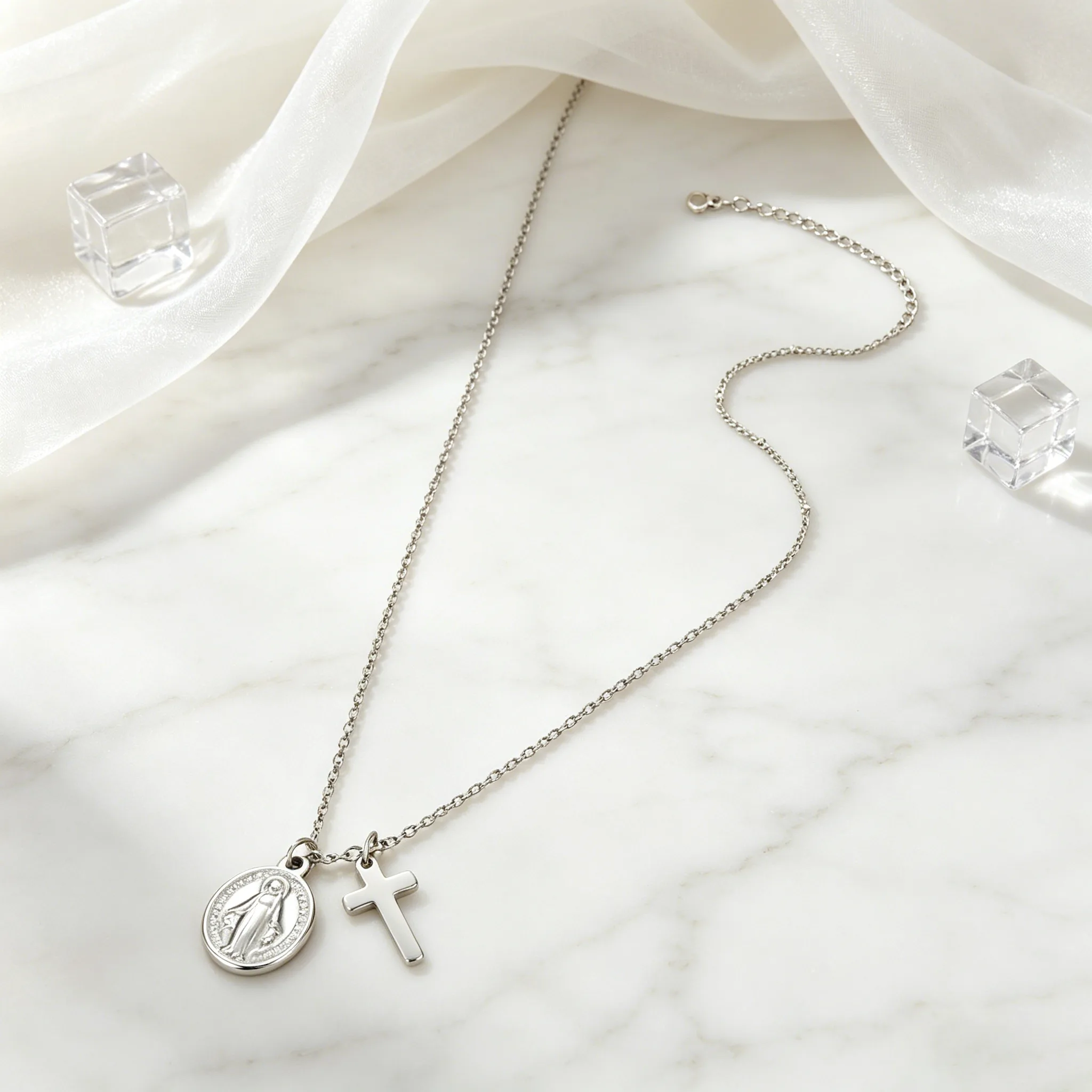 Hypoallergenic Waterproof Anti Tarnish Stainless Steel Virgin Mary Coin Cross Pendant Adjustable Chain Jewelry for Women view 2