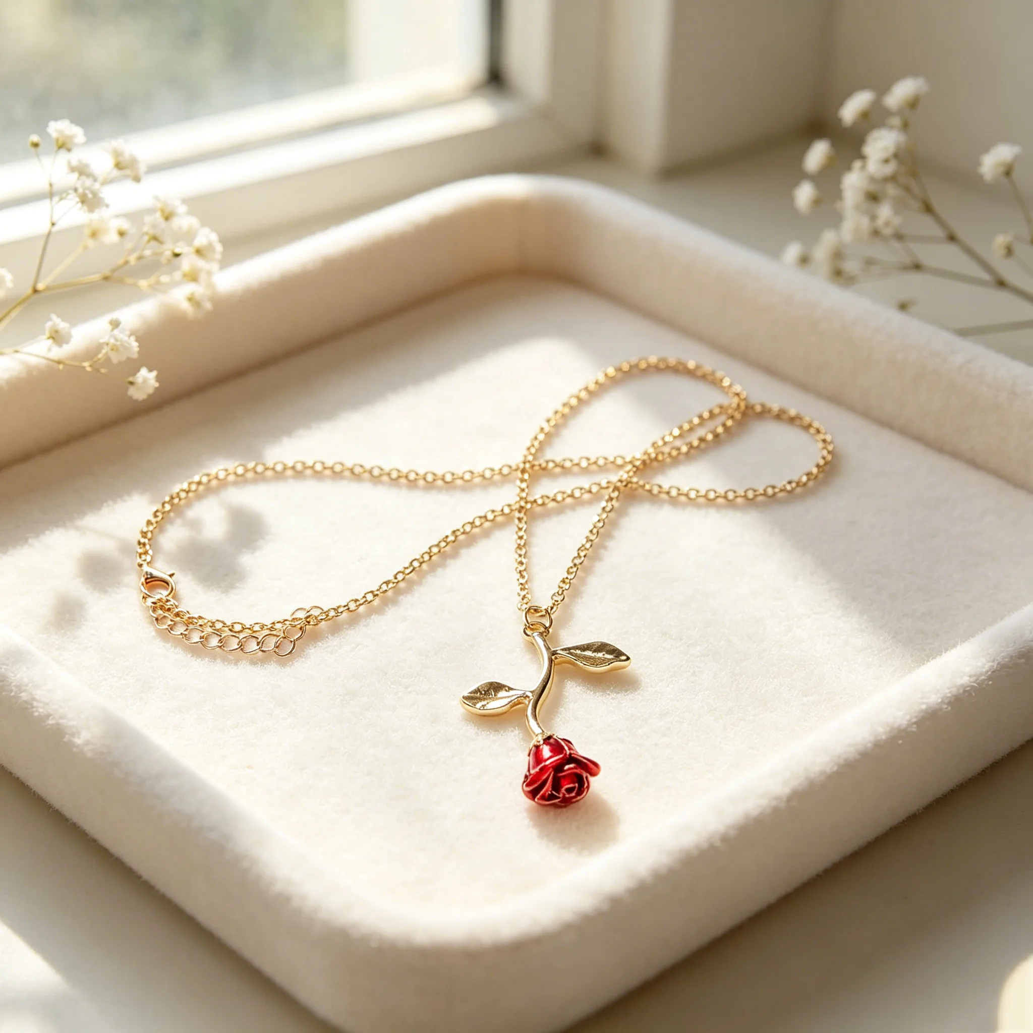 Red Enamel Rose Flower Pendant Thin Long Necklaces Elegant Romantic Valentine Women Gift Bulk Fashion Jewelry view 3