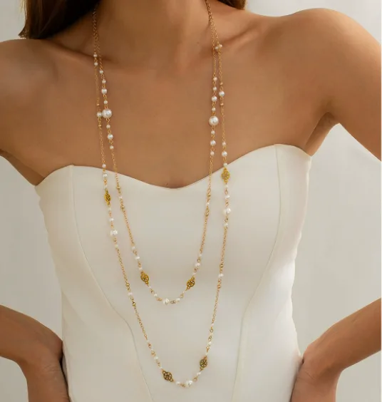 Double Layer Imitation Pearl Hollow Floral Bead Long Sweater Chain Necklaces Vintage Ethnic Stackable Decor Necklaces for Women view 3