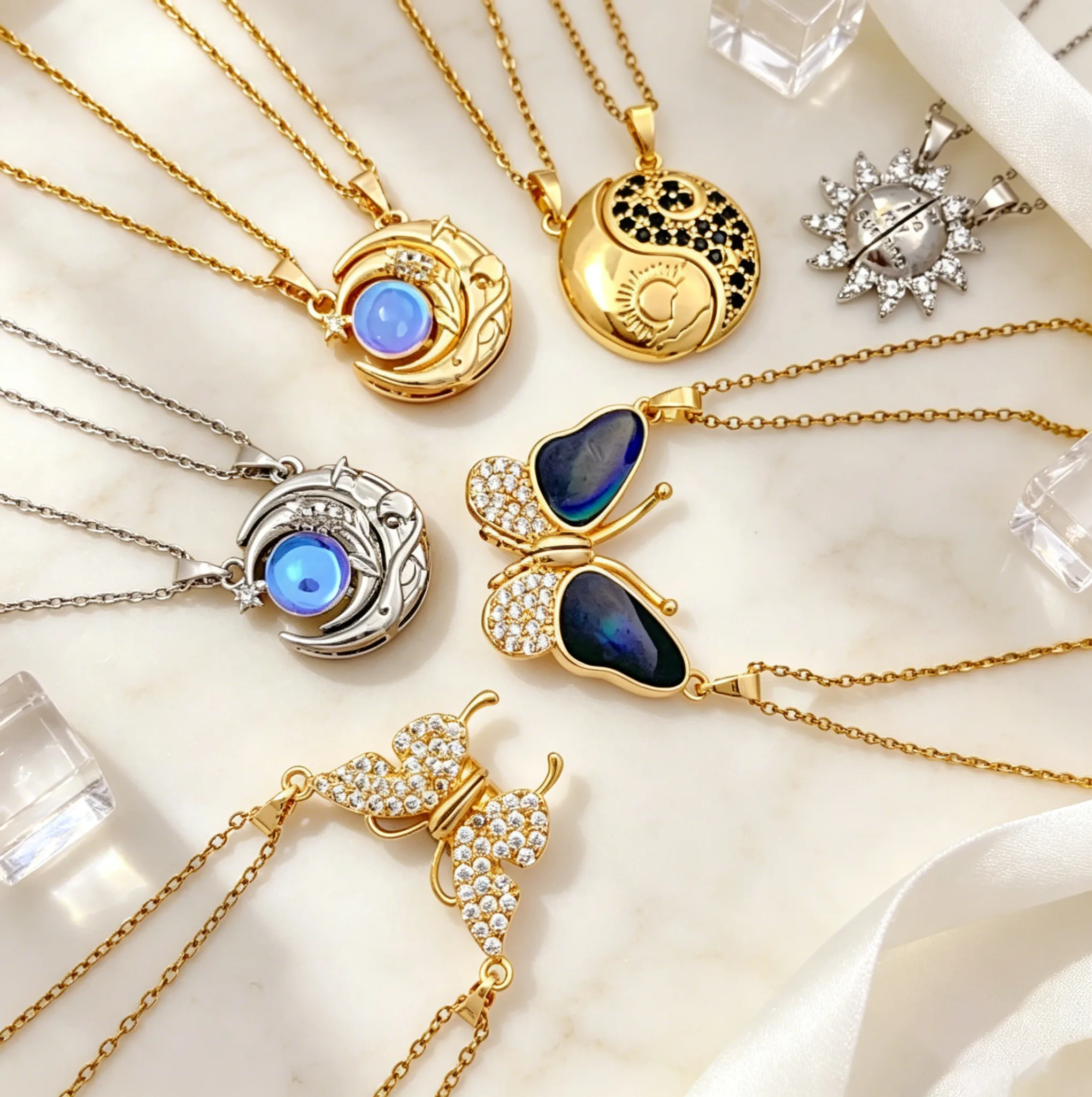 Hypoallergenic Waterproof Titanium Steel Gold Plated Magnetic Sun Moon Butterfly Pendant Chain Couple Dainty Women Statement Necklaces wholesale jewelry