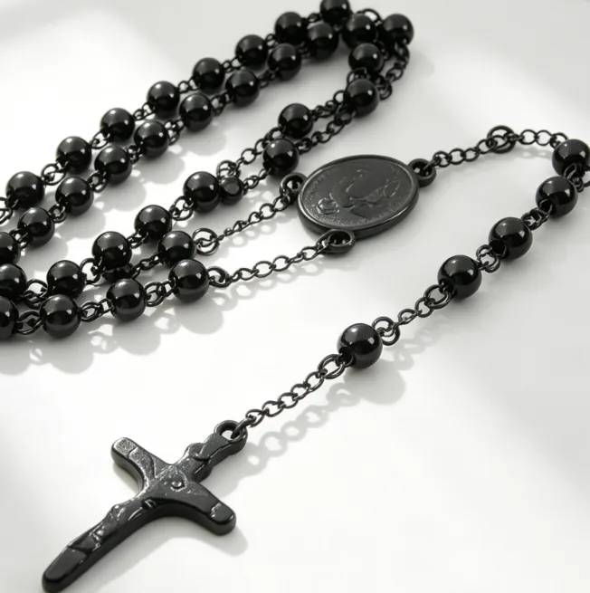 Rosary Beaded Cross Pendant Stainless Steel Necklaces for Men Religious Christian Catholic Prayer Vintage Punk Bold Necklace view 3