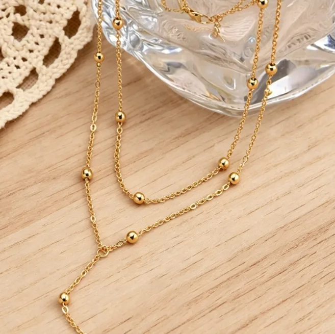 Layered Lariat Y Necklace Stainless Steel Beaded Necklaces for Women Tassel Drop Dainty Minimalist Boho Statement Aesthetic Gift