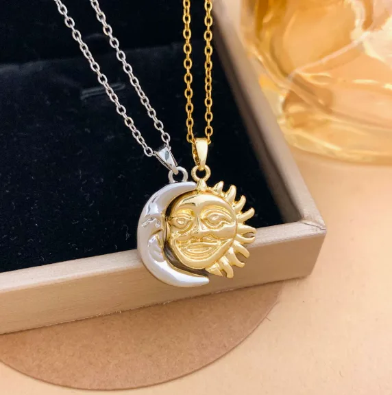 Hypoallergenic Waterproof Titanium Steel Gold Plated Magnetic Sun Moon Butterfly Pendant Chain Couple Dainty Women Statement Necklaces wholesale jewelry view 3