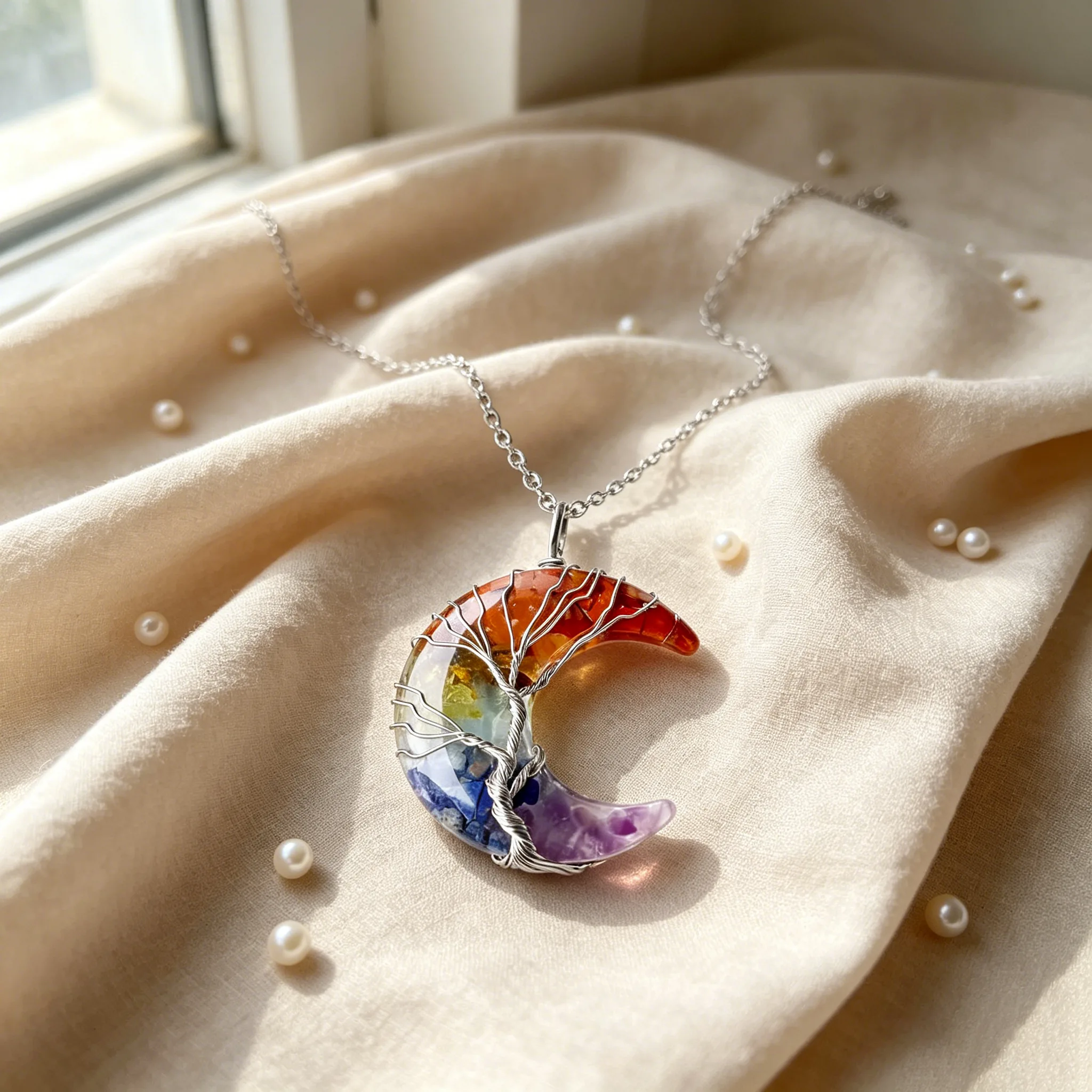 Natural Chakra Crystal Chips Wire Wrapped Tree Of Life Crescent Moon Pendant Necklaces Healing Energy Spiritual Women Statement Jewelry