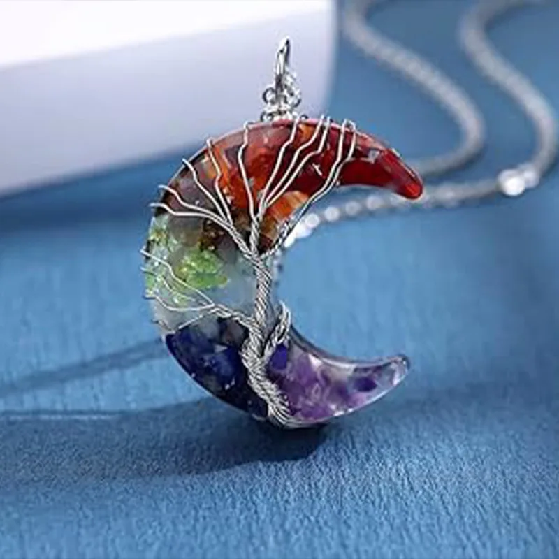 Natural Chakra Crystal Chips Wire Wrapped Tree Of Life Crescent Moon Pendant Necklaces Healing Energy Spiritual Women Statement Jewelry view 3