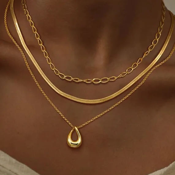 Three Layer Paperclip Flat Snake Teardrop Pendant Women Necklaces Golden fashion Vintage Minimal Daily Stackable jewelry view 3
