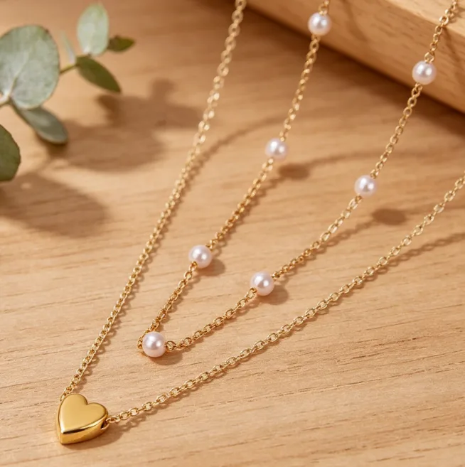 Heart Beaded Layered Chain Necklace Stainless Steel Necklaces for Women Dainty Double Layer Elegant Wedding Bridal Wholesale Jewelry