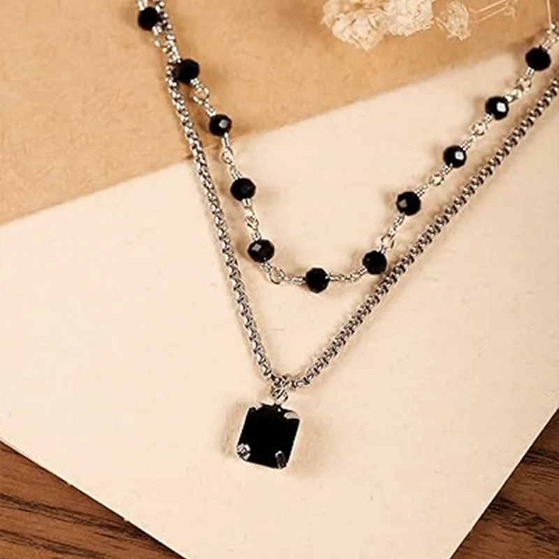 Black Gemstone Layered Necklaces for Women Beaded Crystal Dainty Gothic Punk Statement Vintage Grunge Cool Jewelry view 3