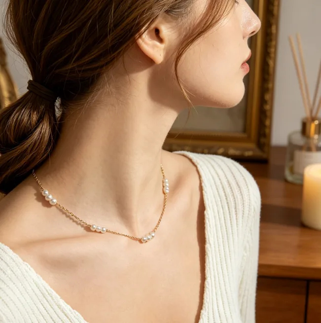 Freshwater Pearl Beaded Chain Necklace Stainless Steel Pearl Necklaces for Women Dainty Layered Elegant Wedding Bridal Daily view 3