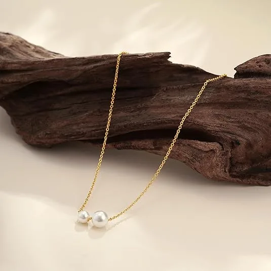 Imitation Pearl Double Bead Pendant Thin Cable Chain Minimal Golden Women Necklaces Daily Layering Classic Jewelry for Gift view 3