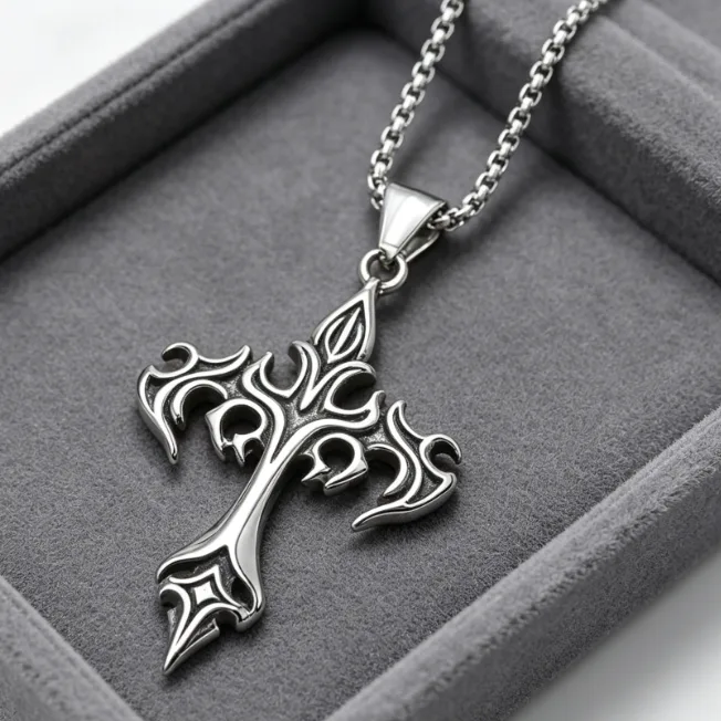 Wholesale Flame Gothic Cross Pendant Necklace Stainless Steel Box Chain Vintage Men Jewelry Hip Hop Punk Jewelry for Gift view 2