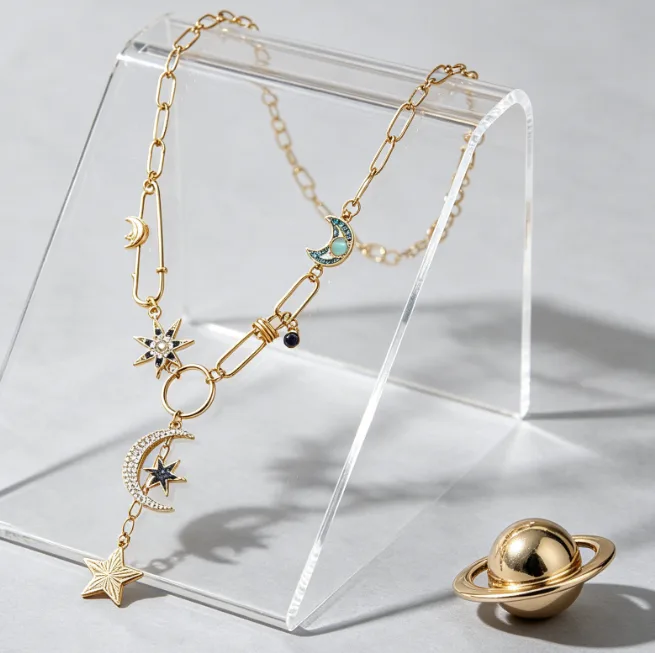 Star Moon Charm Pendant Necklace Set Celestial Necklaces for Women Layered Statement Boho Vintage Crescent Aesthetic Trendy Gift