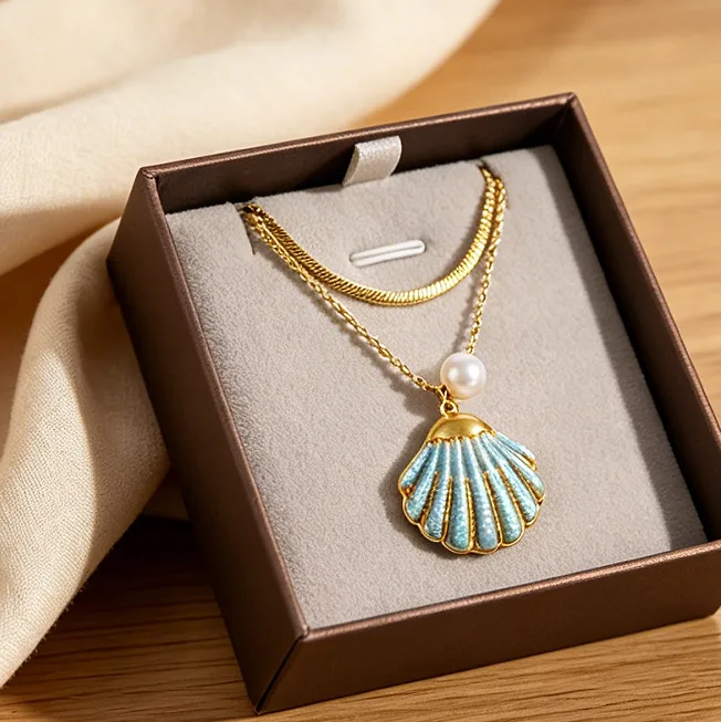 Blue Enamel Scallop Shell Pearl Pendant Necklace Stainless Steel Necklaces for Women Ocean Beach Dainty Boho Jewelry joias de luxo view 2