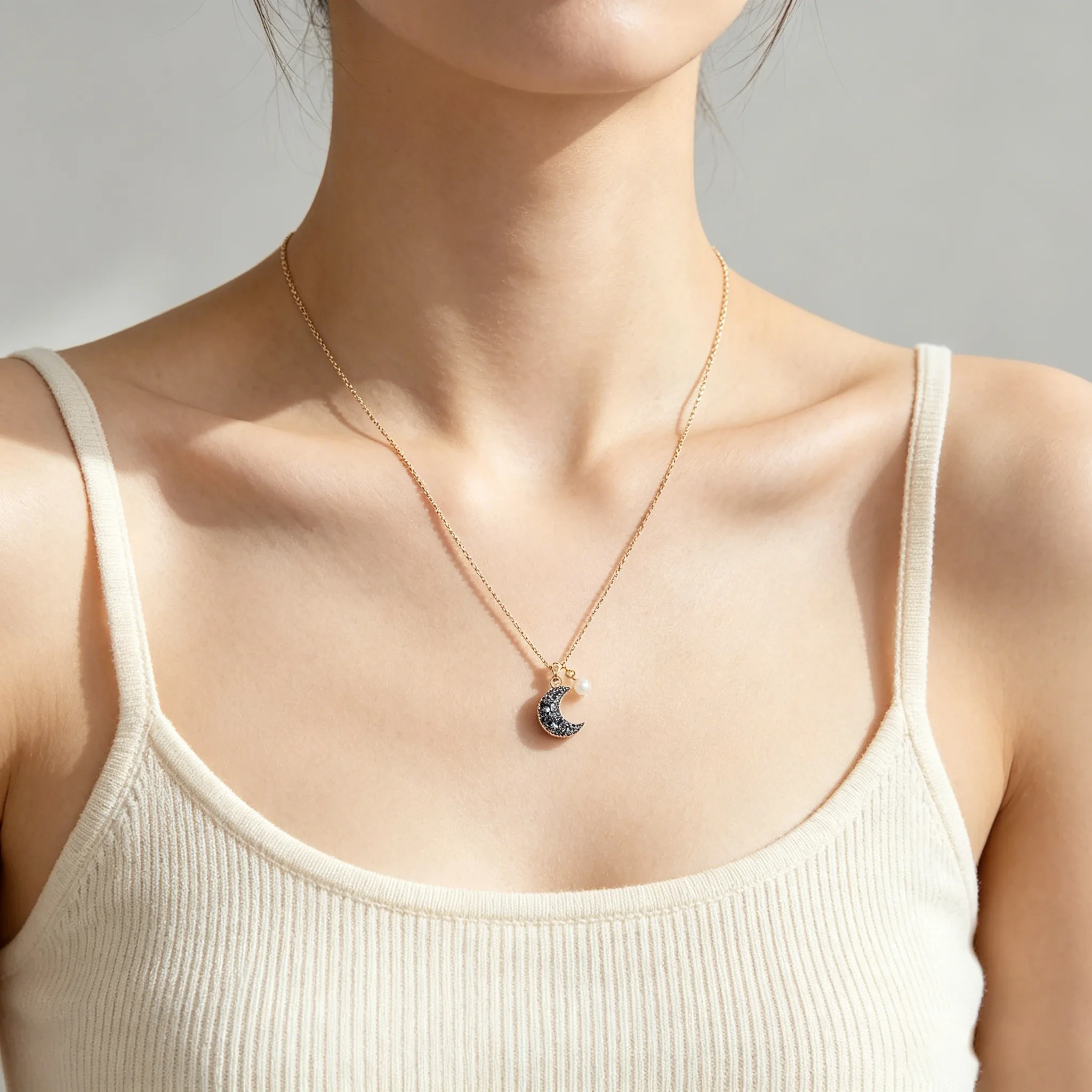 Sparkly Blue Color Rhinestone Crescent Moon Pendant Necklaces Matching Tiny Pearl Accent Dainty Adjustable Elegant Daily Jewelry for Women view 2