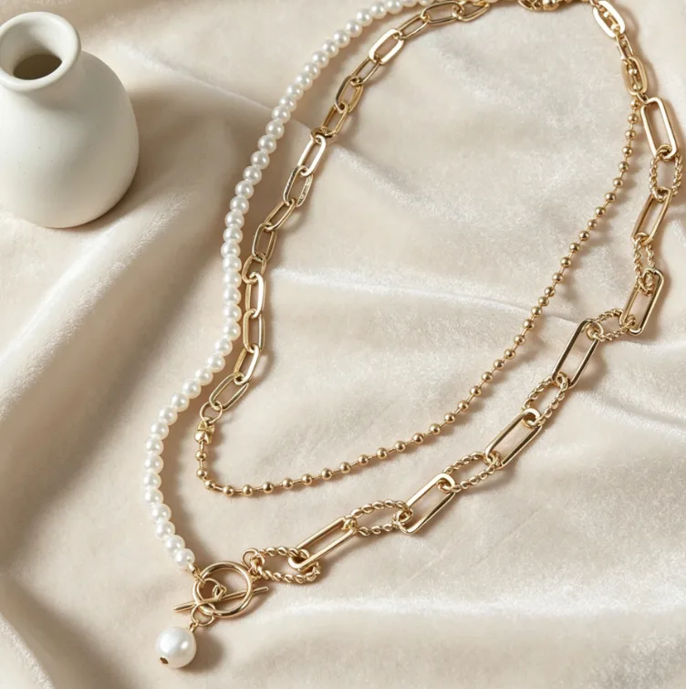 Punk Imitation Pearl Layered Toggle Paperclip Chain Necklaces for Women Baroque Gothic OT Statement Streetwear Vintage Necklace view 2